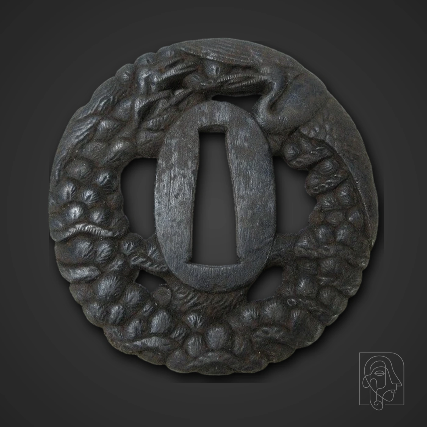 Unsigned Japanese Iron Tsuba with Crane and Pine in High-Relief Openwork