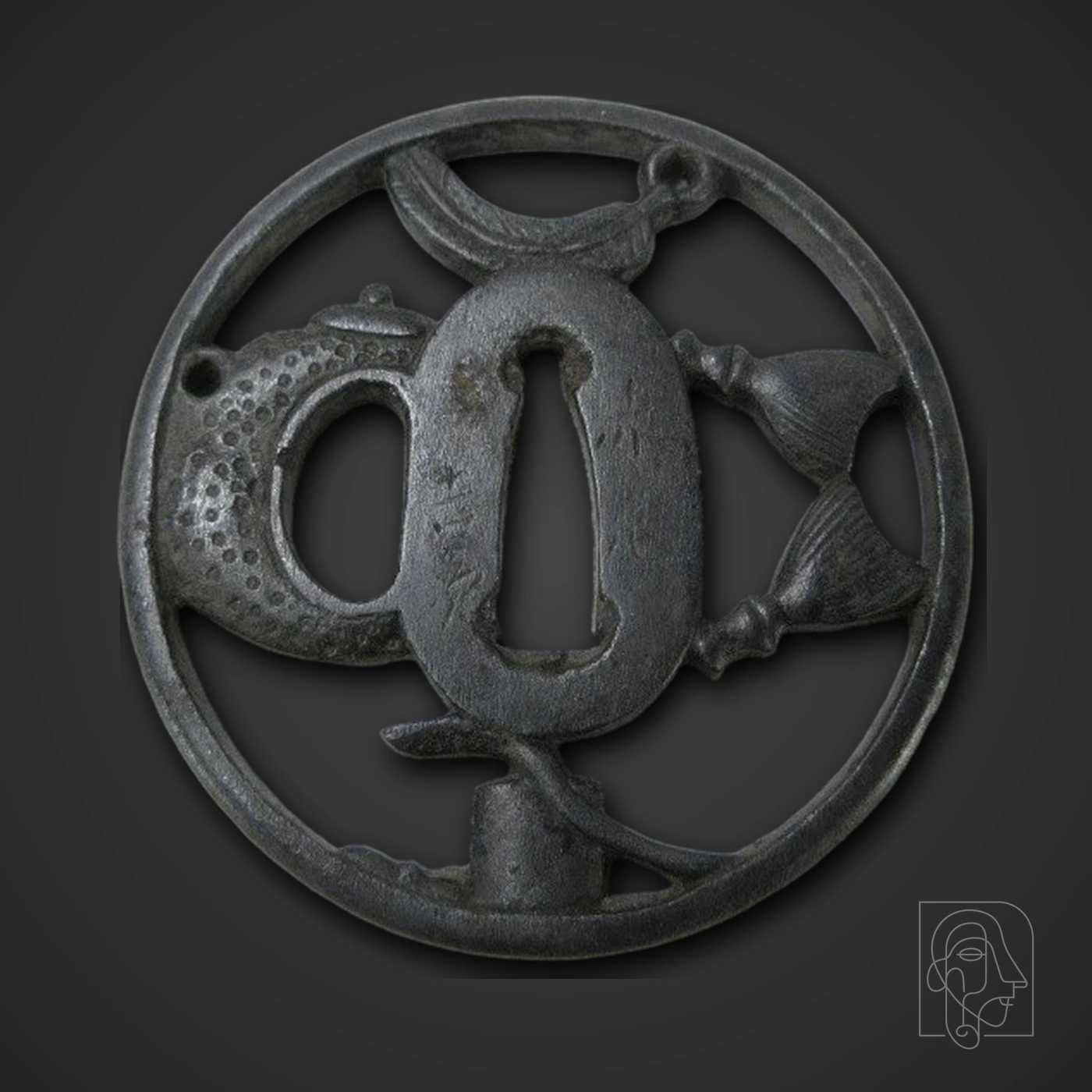 Iron Sukashi Tsuba with Tea-Ceremony Implements